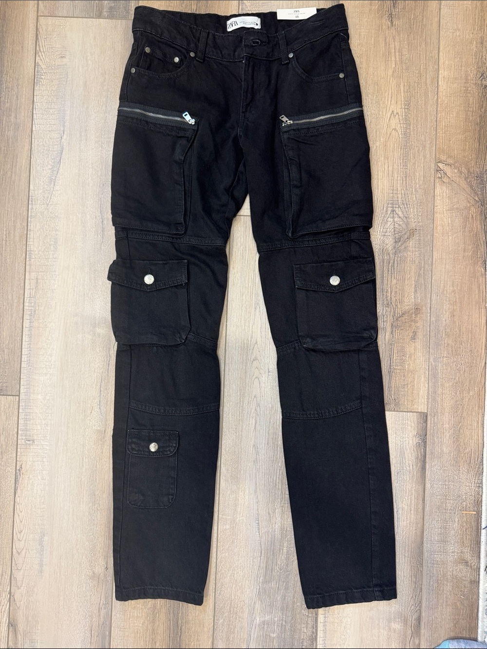 Zara Women Black Slim Cargo Jeans with Utility Pockets Slim Mid Rise